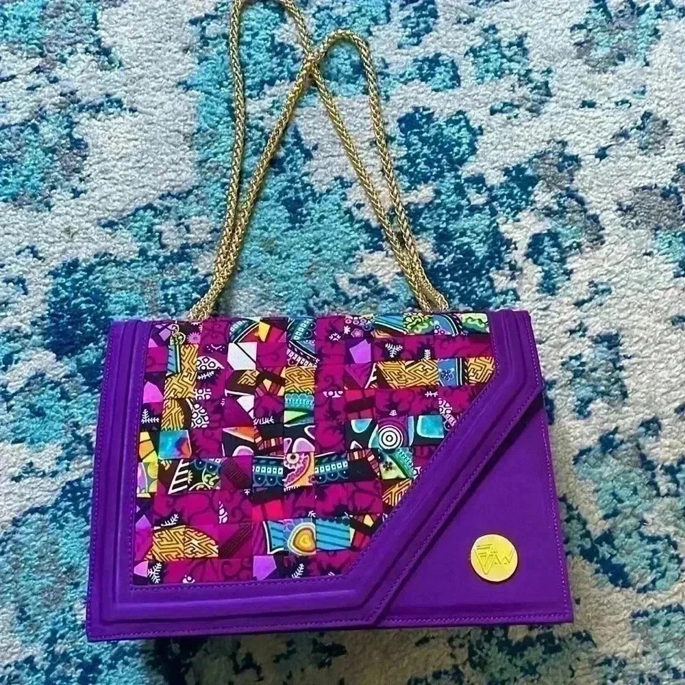 Becawax handmade patchwork Nigerian gold, chain shoulder purse NWT